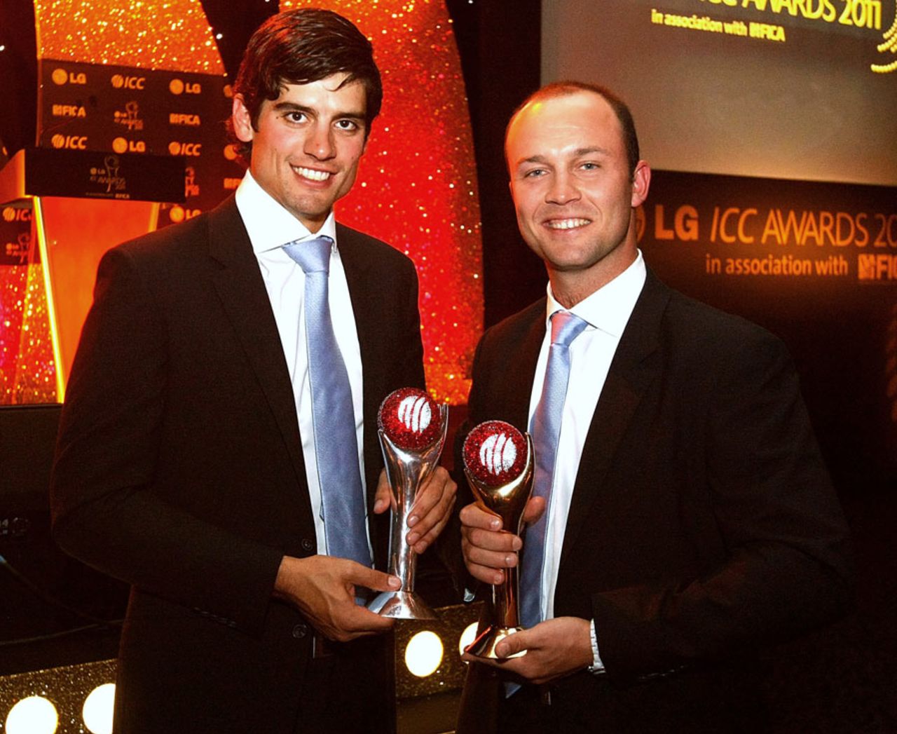 Alastair Cook and Jonathan Trott with their ICC awards, London, September 12, 2011
