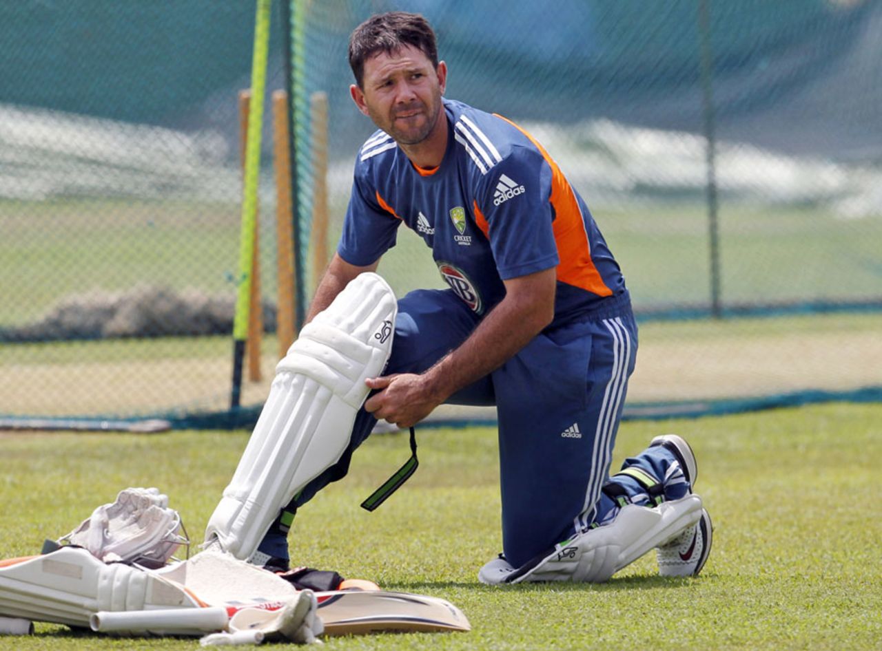 Ricky Ponting pads up at a practice session, Colombo, September 14, 2011