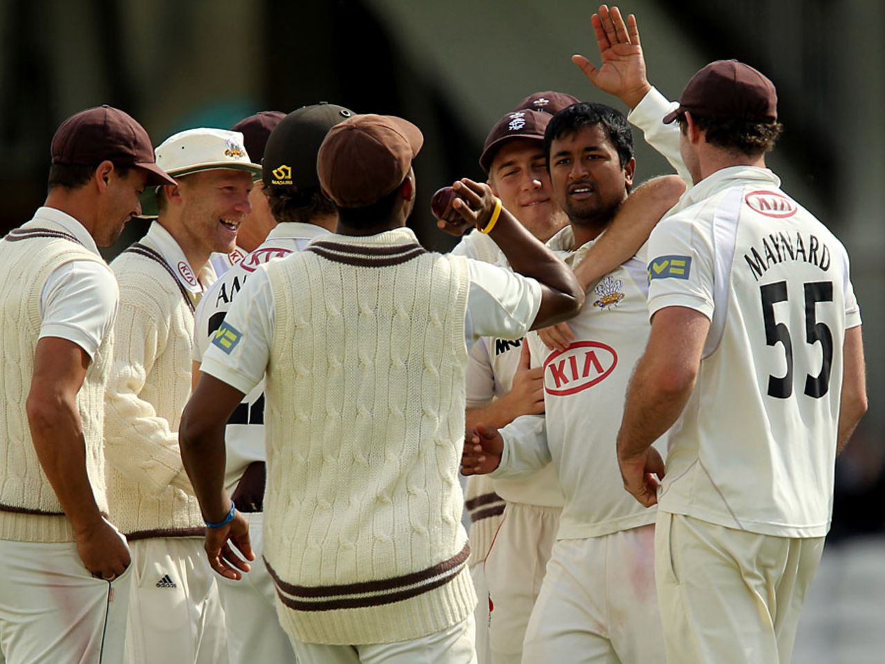 Pragyan Ojha is congratulated on another wicket as Surrey earn promotion, Surrey v Derbyshire, County Championship, Division Two, The Oval, September 14, 2011