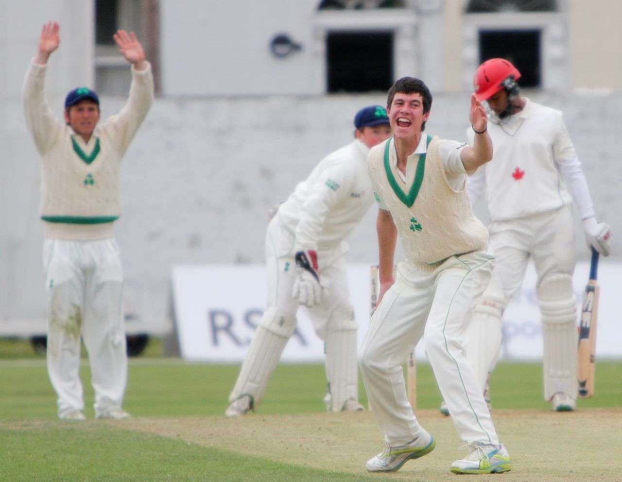 George Dockrell appeals for one of his five wickets in the match, Ireland v Canada, Intercontinental Cup, 2nd day, Dublin, September 14, 2011