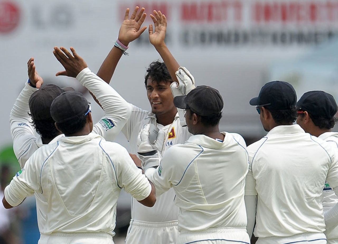 Sri Lanka celebrate the dismissal of Phillip Hughes, Sri Lanka v Australia, 3rd Test, SSC, Colombo, 1st day, September 16, 2011