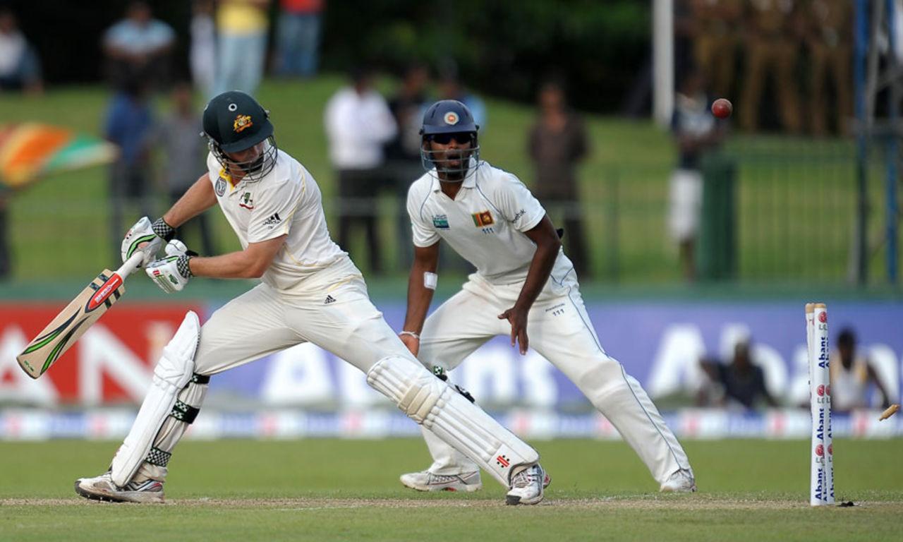 Shaun Marsh is bowled, Sri Lanka v Australia, 3rd Test, SSC, Colombo, 1st day, September 16, 2011