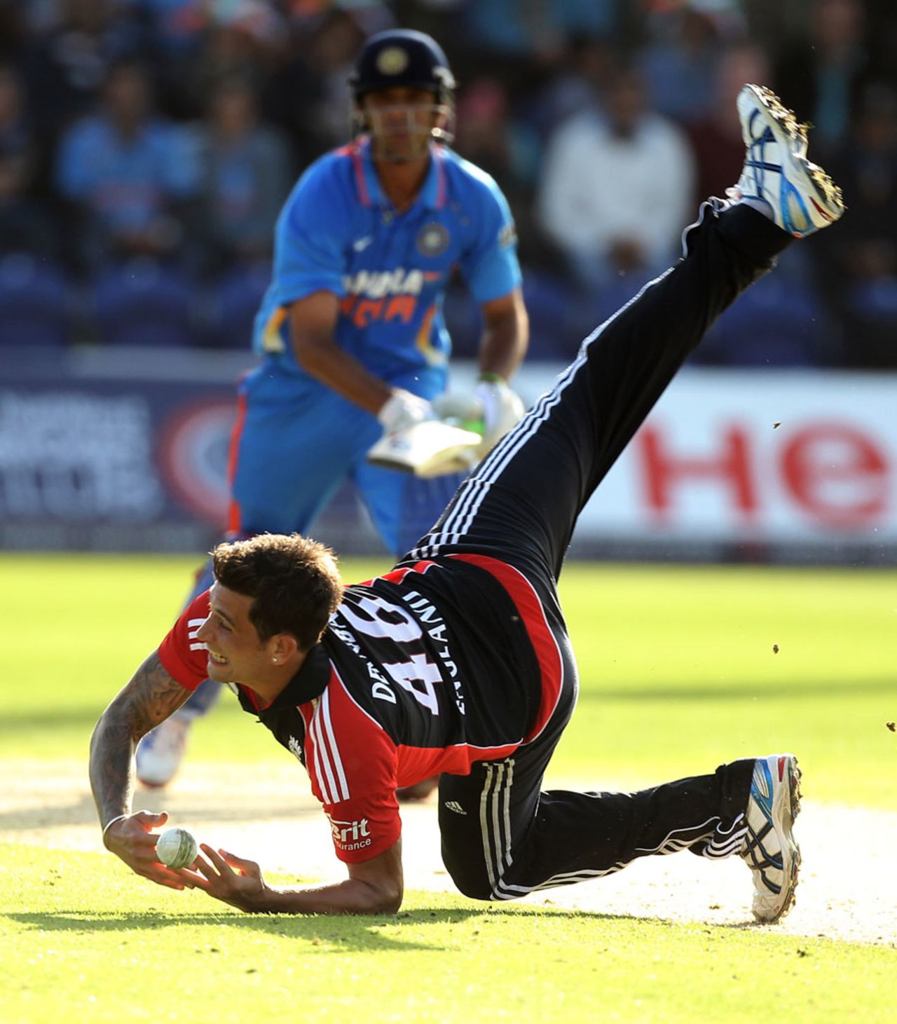 Jade Dernbach spills a return-catch from Rahul Dravid, England v India, 5th ODI, Cardiff, September 16, 2011