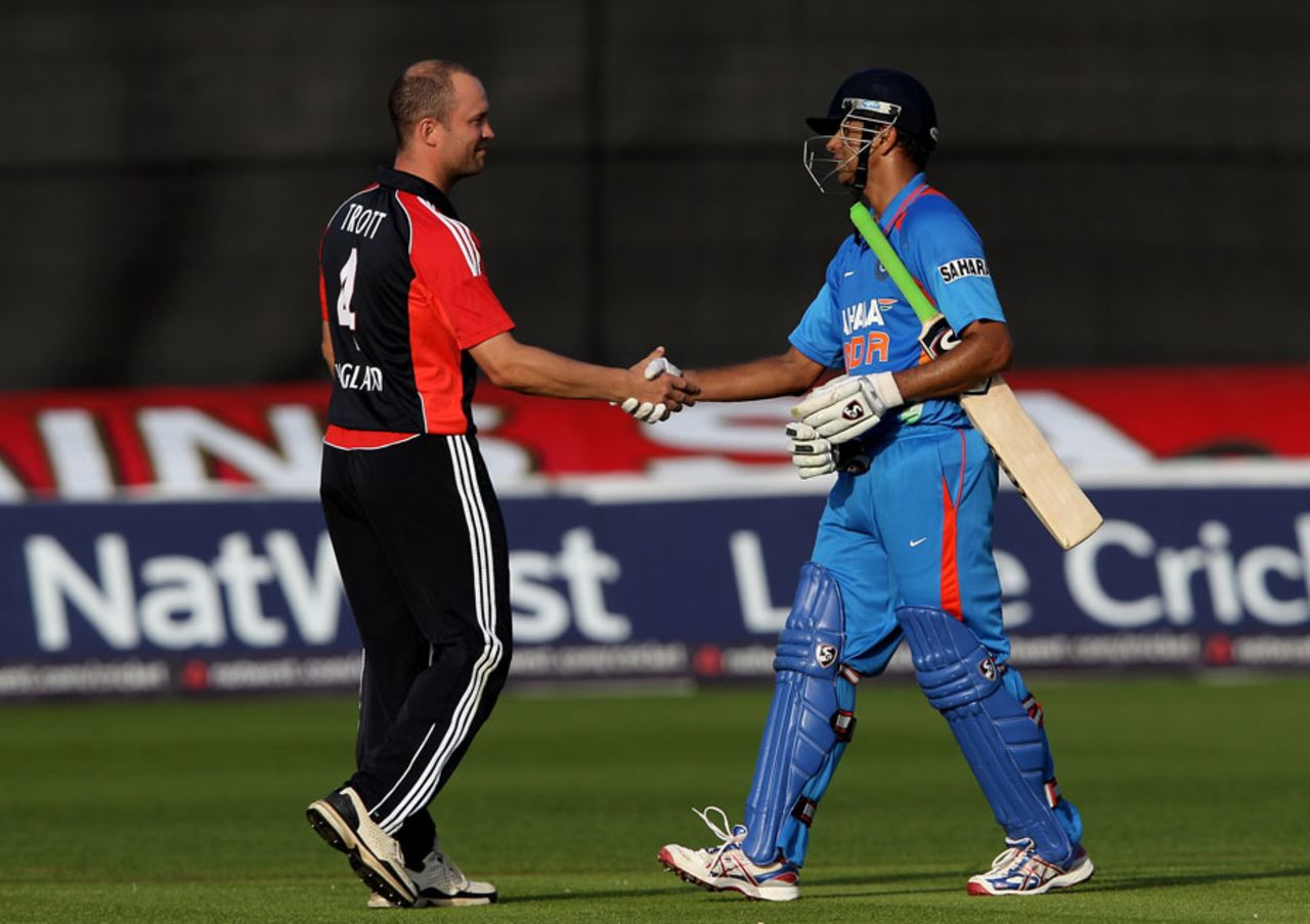 Jonathan Trott congratulates Rahul Dravid on a fine ODI career, England v India, 5th ODI, Cardiff, September 16, 2011