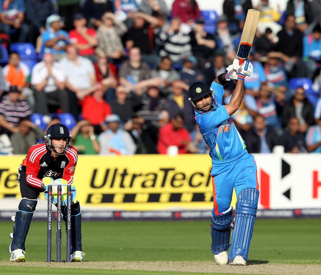 Virat Kohli hits down the ground, England v India, 5th ODI, Cardiff, September 16, 2011