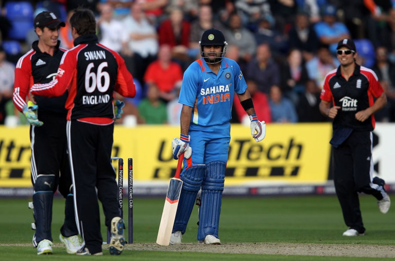 Virat Kohli is out hit-wicket to Graeme Swann, England v India, 5th ODI, Cardiff, September 16, 2011