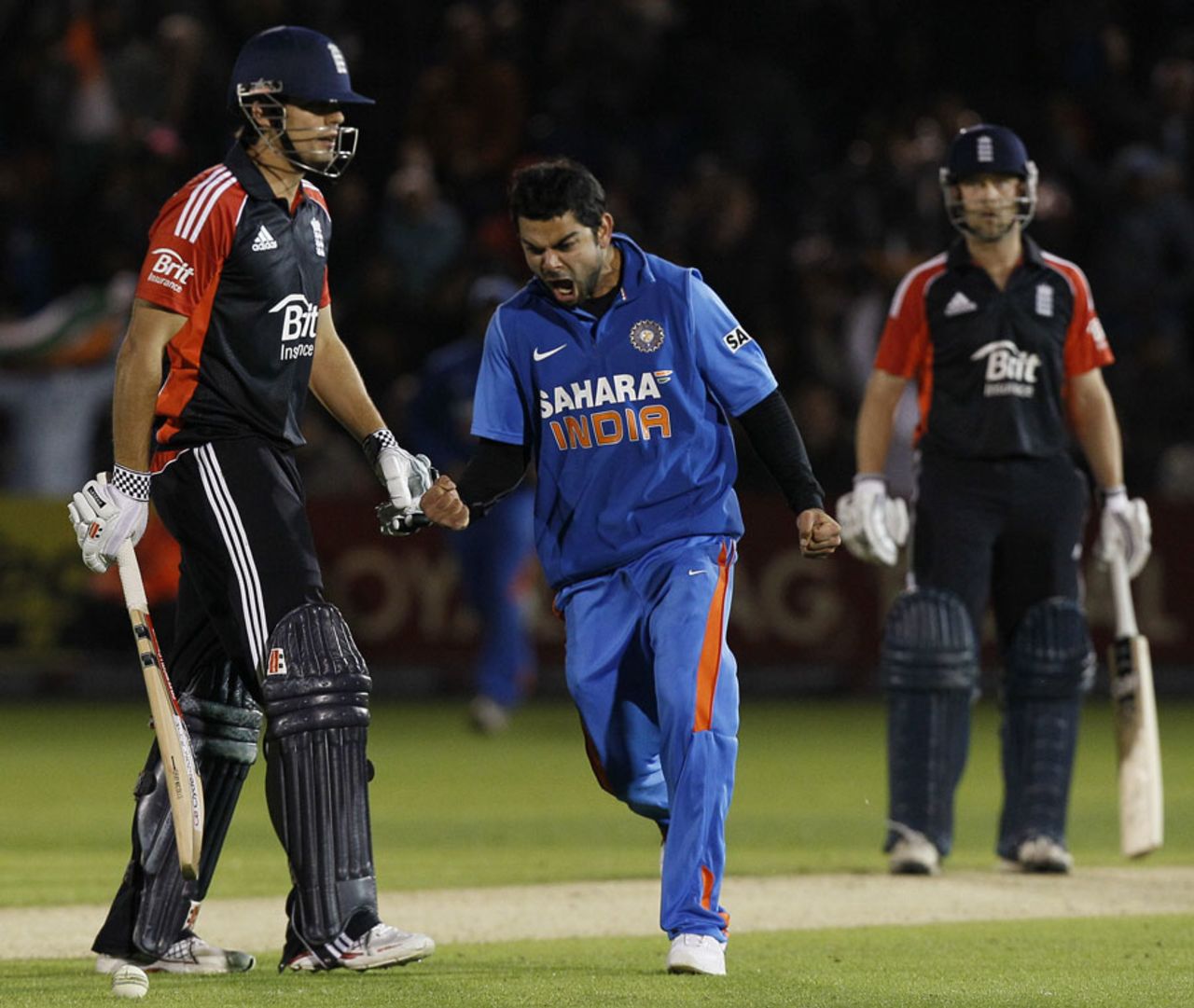 Virat Kohli is pumped up after bowling Alastair Cook, England v India, 5th ODI, Cardiff, September 16, 2011