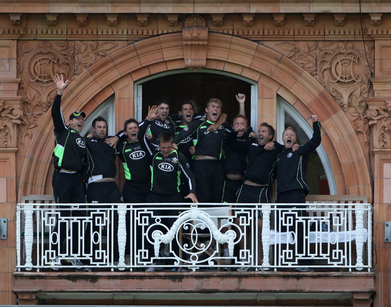 Surrey's cricketers celebrate their CB40 triumph on the balcony at Lord's, Somerset v Surrey, CB40 final, Lord's, September 17 2011