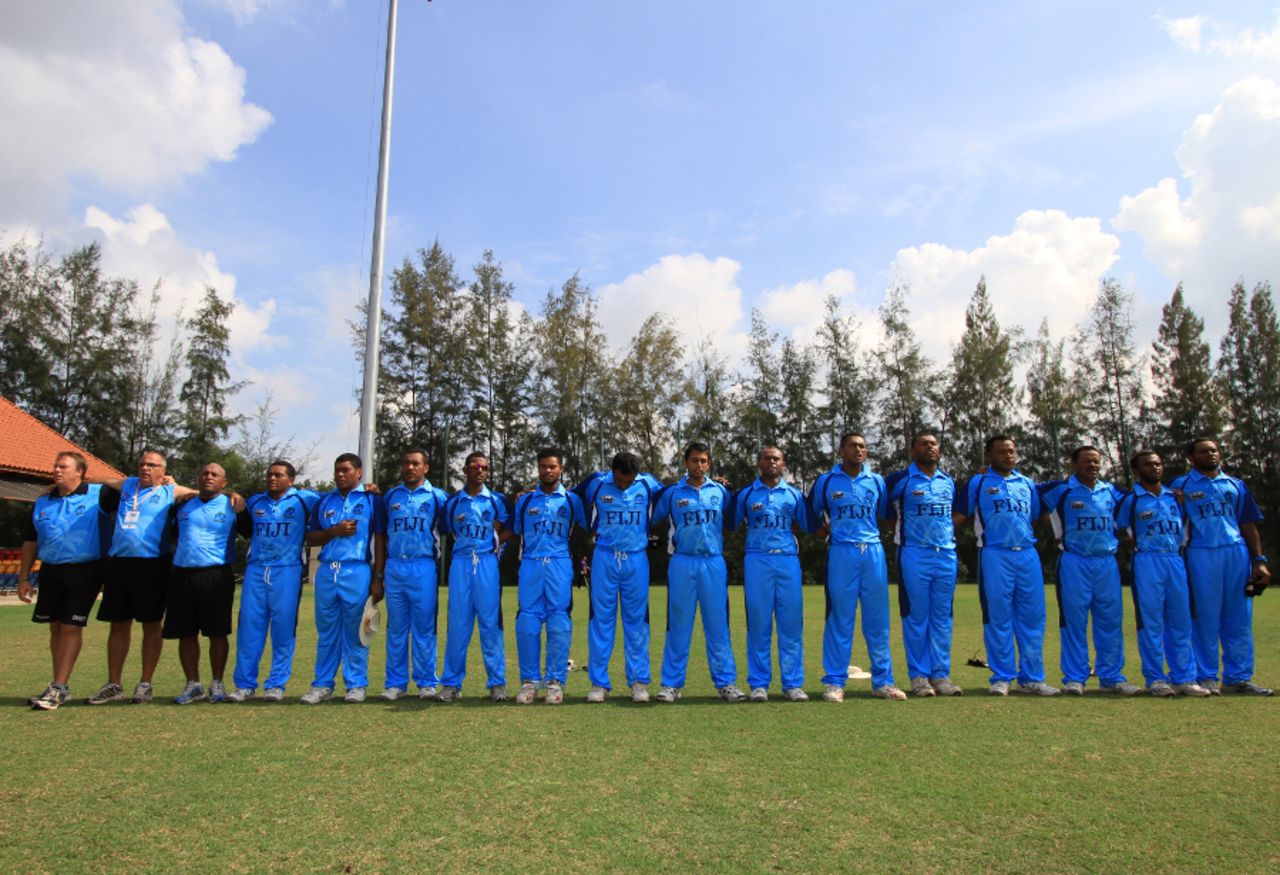 Fiji's cricketers line up for their national anthem, Fiji v Guernsey, World Cricket League Division Six, Kuala Lumpur, September 18 2011