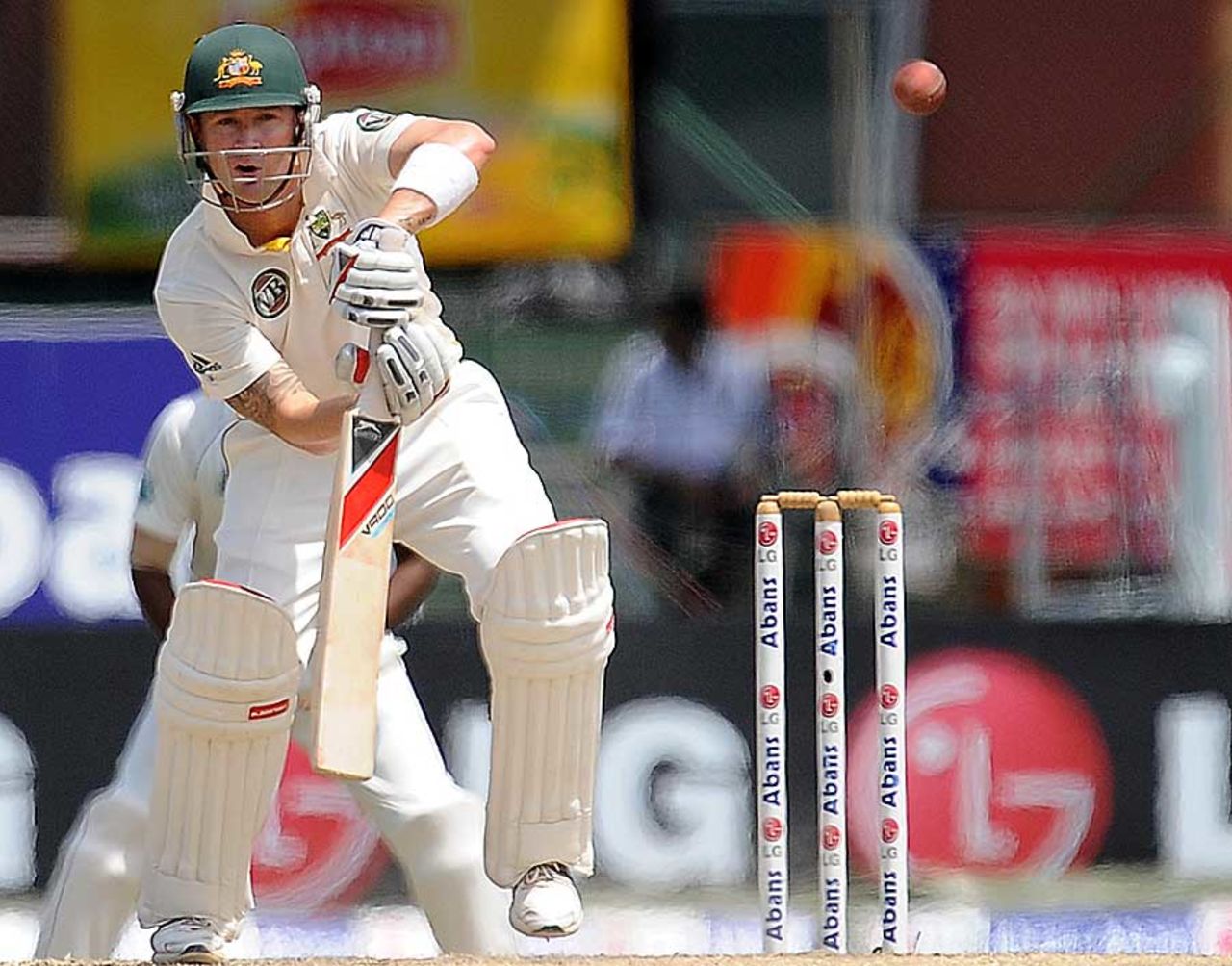 Michael Clarke defends solidly, Sri Lanka v Australia, 3rd Test, Colombo, 5th day, September 20, 2011