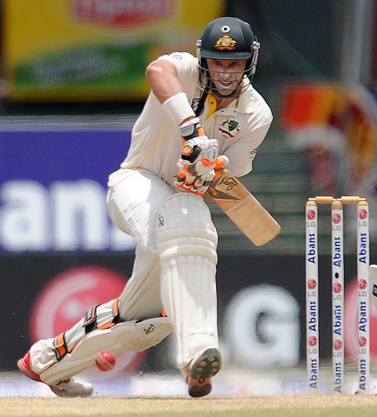 Michael Hussey watches the ball intently, Sri Lanka v Australia, 3rd Test, Colombo, 5th day, September 20, 2011