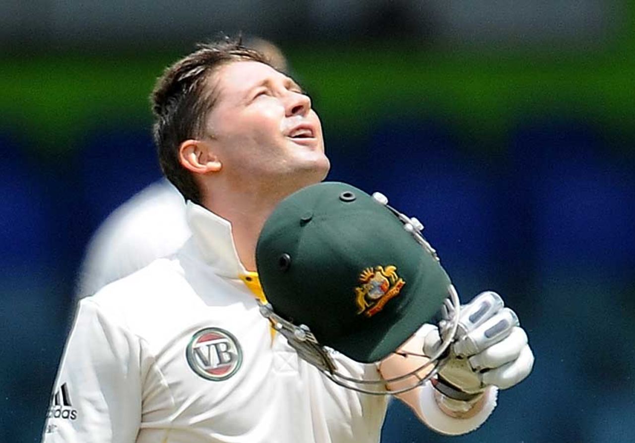 A relieved Michael Clarke after scoring his 15th Test century, Sri Lanka v Australia, 3rd Test, Colombo, 5th day, September 20, 2011