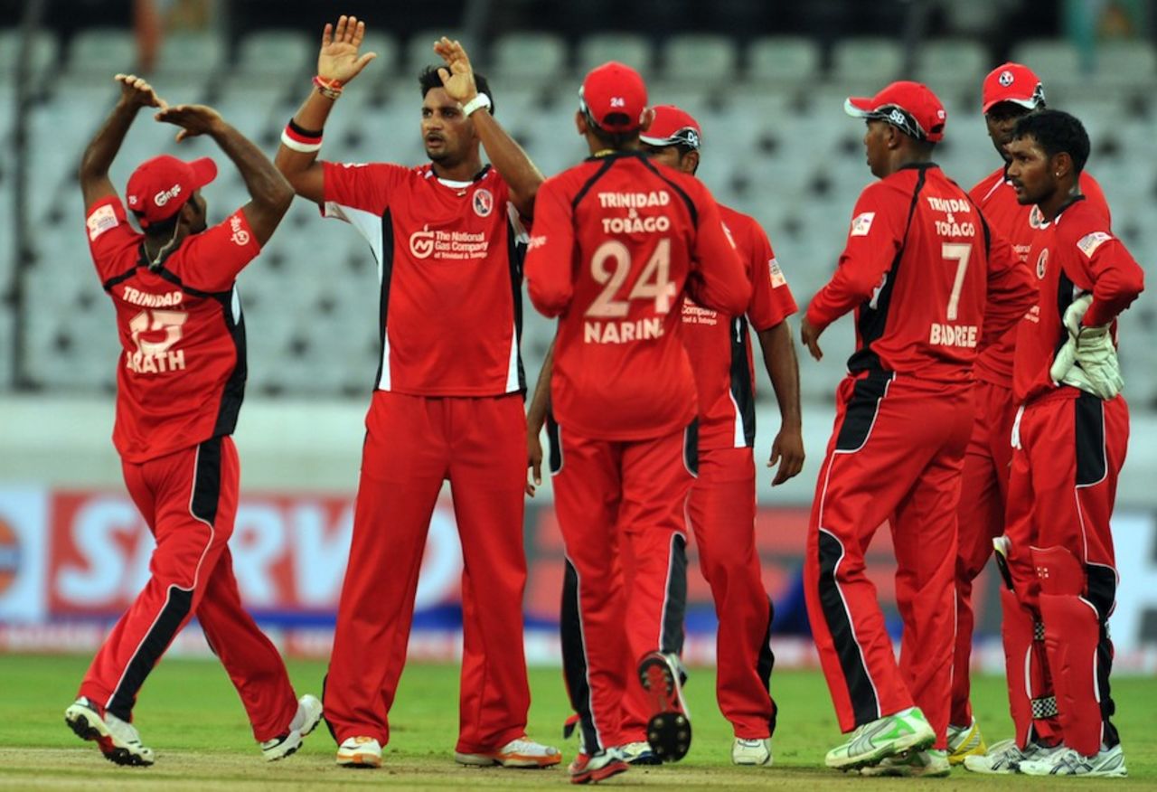 Ravi Rampaul celebrates a wicket with his Trinidad team-mates, Leicestershire v Trinidad &Tobago, CLT20 qualifier, Hyderabad, September 20, 2011