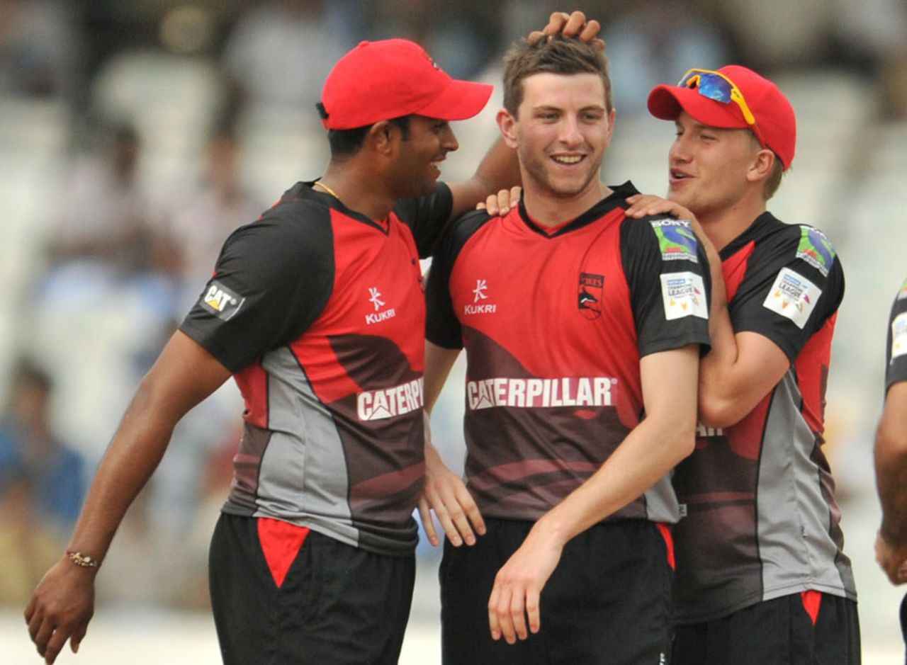 Harry Gurney is congratulated on dismissing Mahela Udawatte, Leicestershire v Ruhuna, CLT20 qualifier, Hyderabad, September 21, 2011