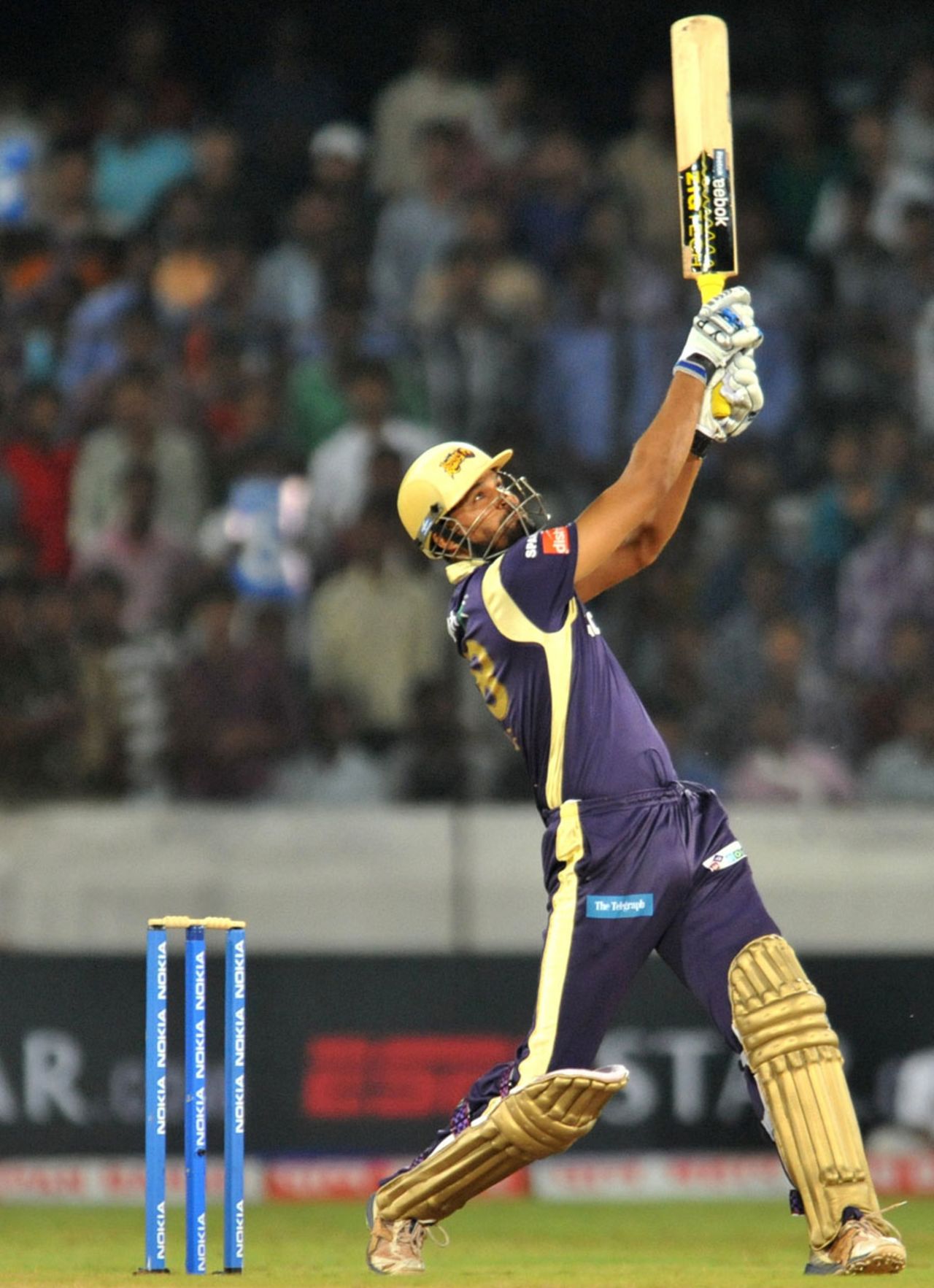 Yusuf Pathan hits one straight up in the air, Kolkata Knight Riders v Somerset, CLT20 qualifier, Hyderabad, September 21, 2011