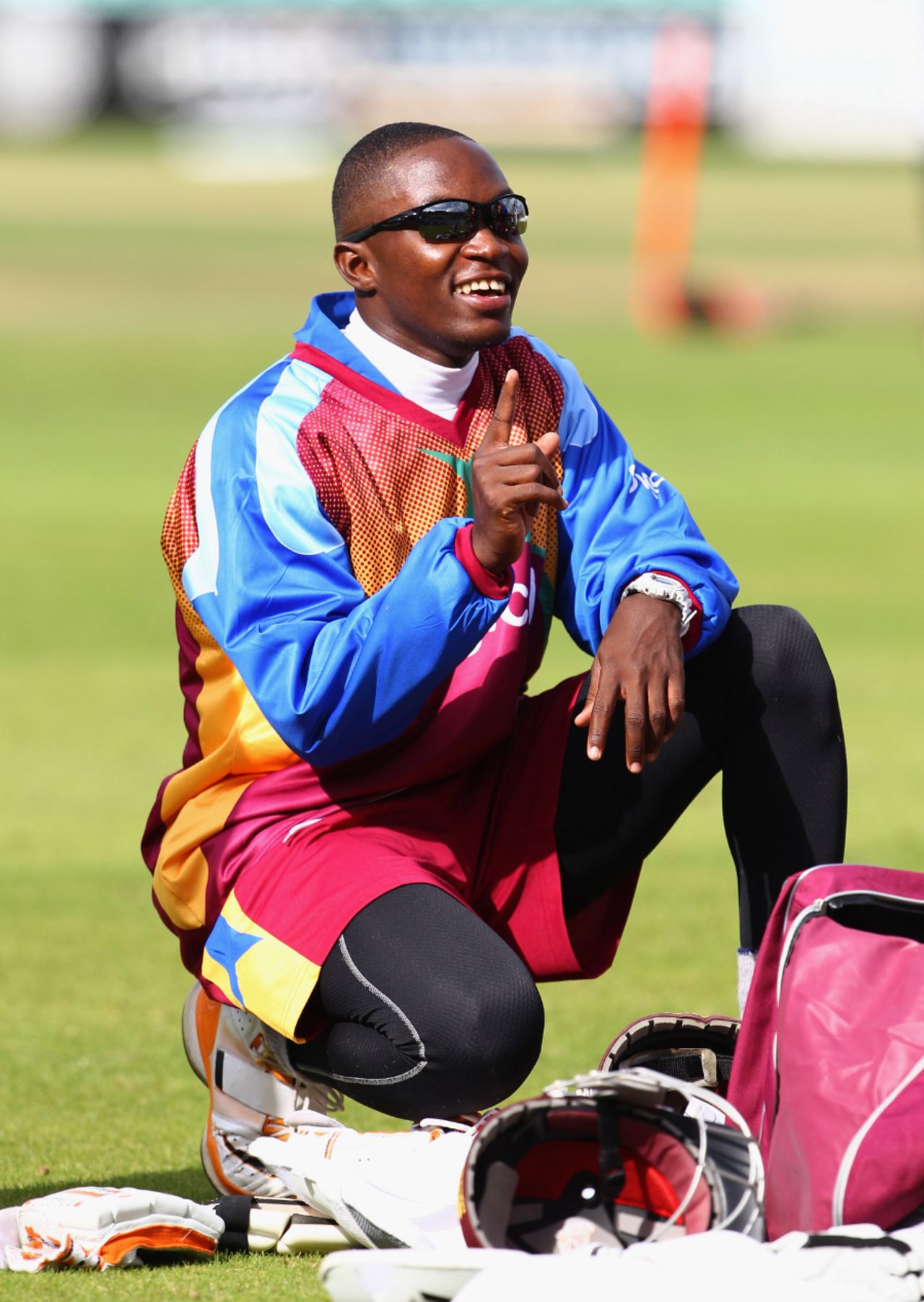 Fidel Edwards enjoys a relaxed moment during West Indies' training session, The Oval, September 22 2011