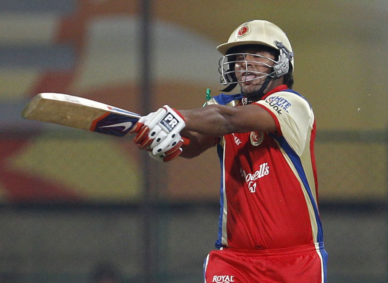 Saurabh Tiwary plays a cross-batted shot, Royal Challengers Bangalore v Warriors, CLT20, Bangalore, September 23, 2011