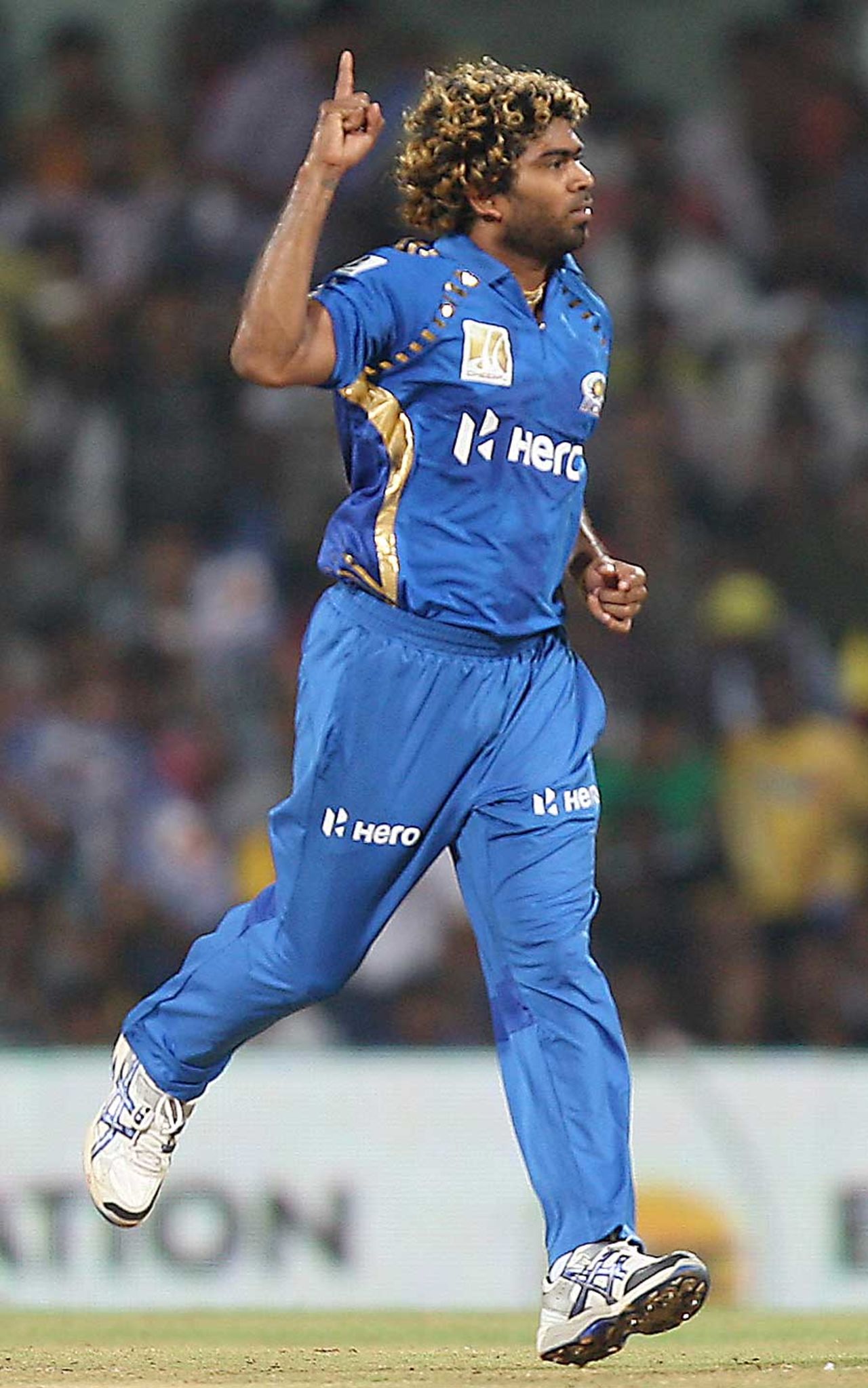 Lasith Malinga celebrates an early wicket, Chennai Super Kings v Mumbai Indians, CLT20, Chennai, September 24, 2011