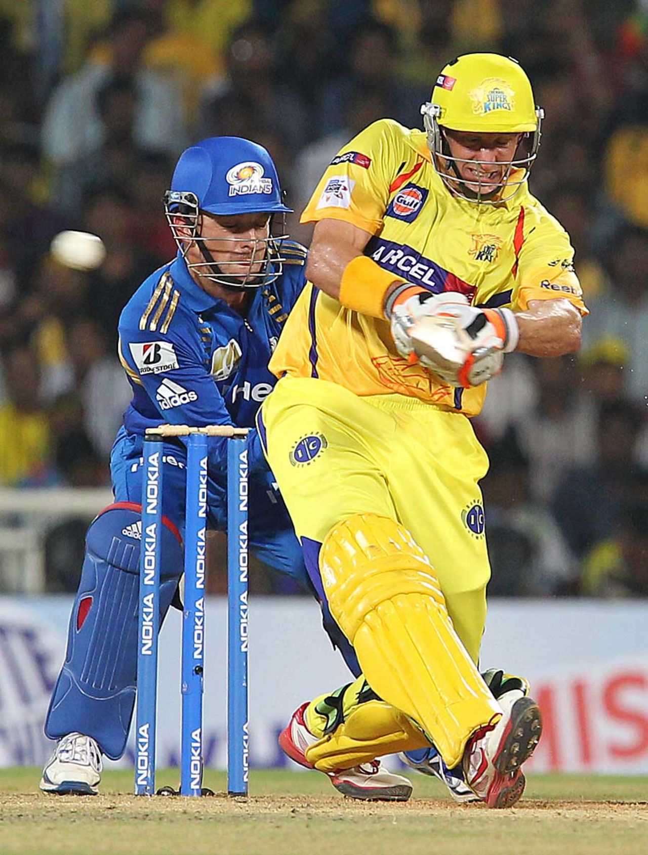 Michael Hussey whacks one on his way to 81, Chennai Super Kings v Mumbai Indians, CLT20, Chennai, September 24, 2011