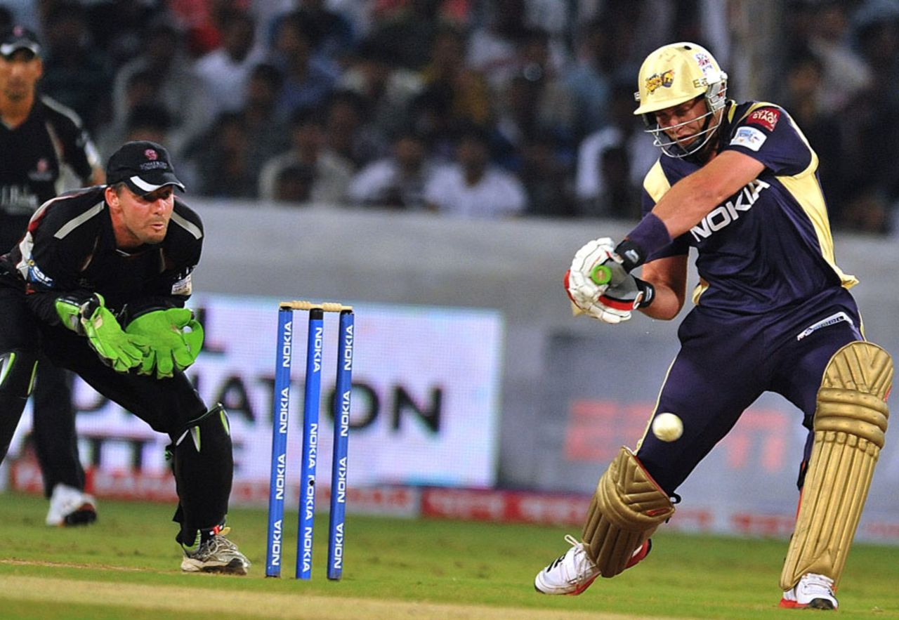 Jacques Kallis gives himself room to play through the offside, Kolkata Knight Riders v Somerset, Champions League T20, Hyderabad, September 25, 2011