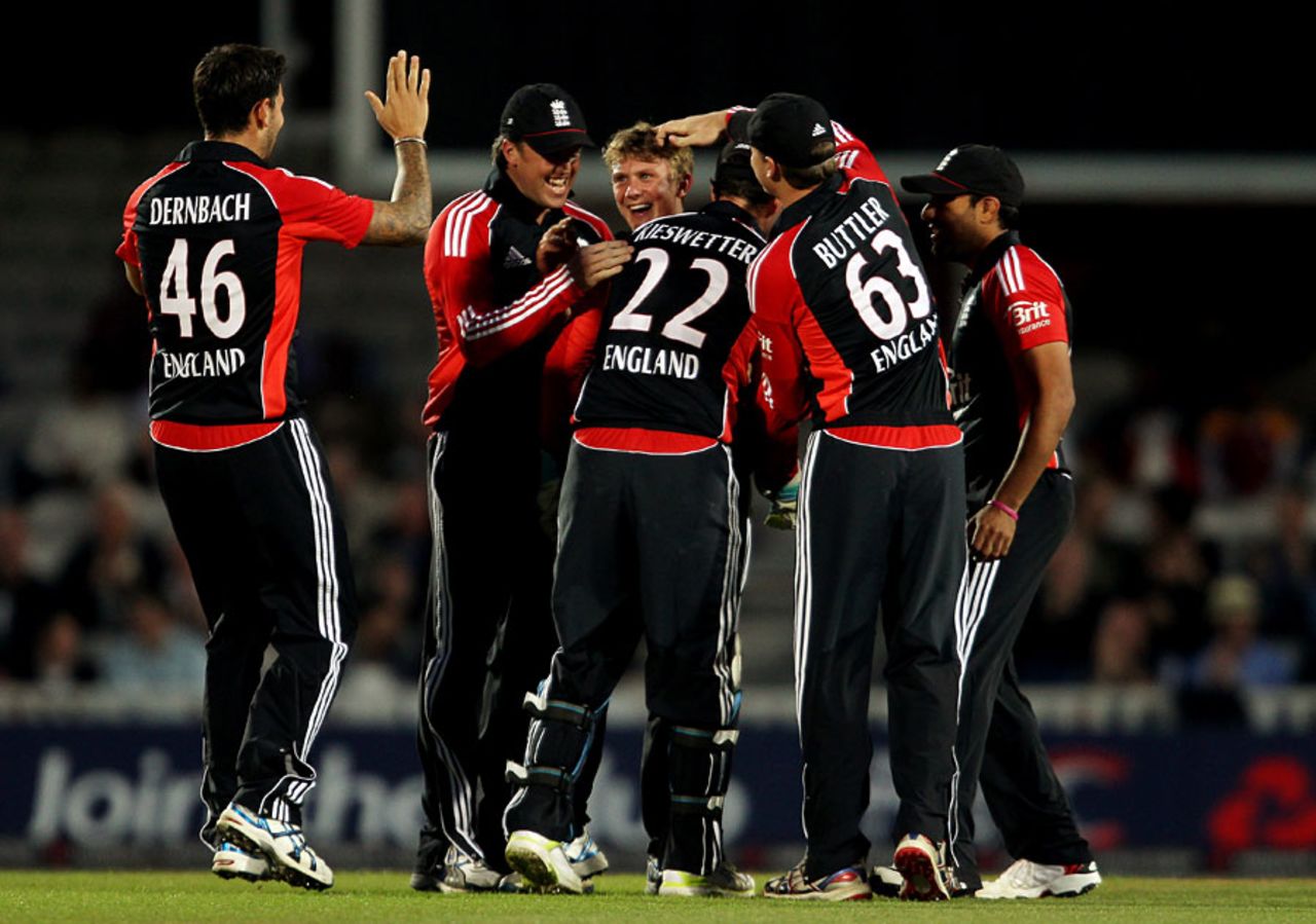 Scott Borthwick is congratulated on his first England wicket, England v West Indies, 2nd Twenty20, The Oval, September 25, 2011
