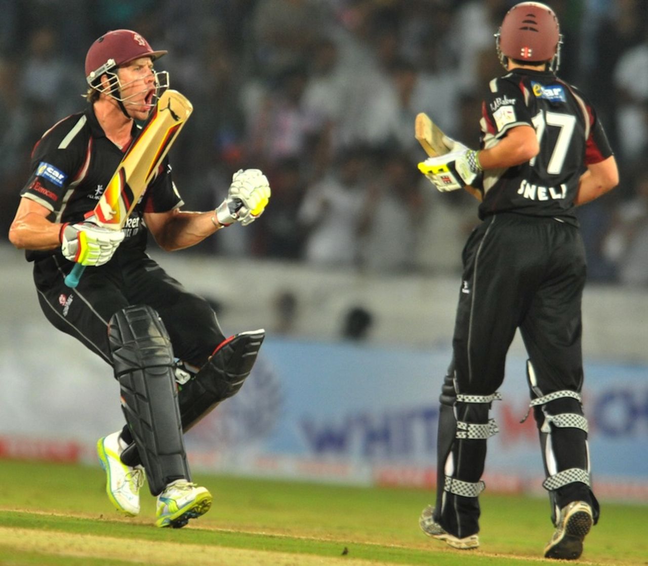 Nick Compton celebrates after Somerset complete a tense win, Kolkata Knight Riders v Somerset, Champions League T20, Hyderabad, September 25, 2011