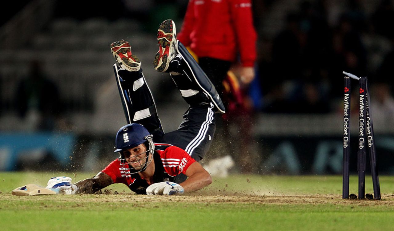 Jade Dernbach was the fourth England batsman run out to end the match, England v West Indies, 2nd Twenty20, The Oval, September 25, 2011