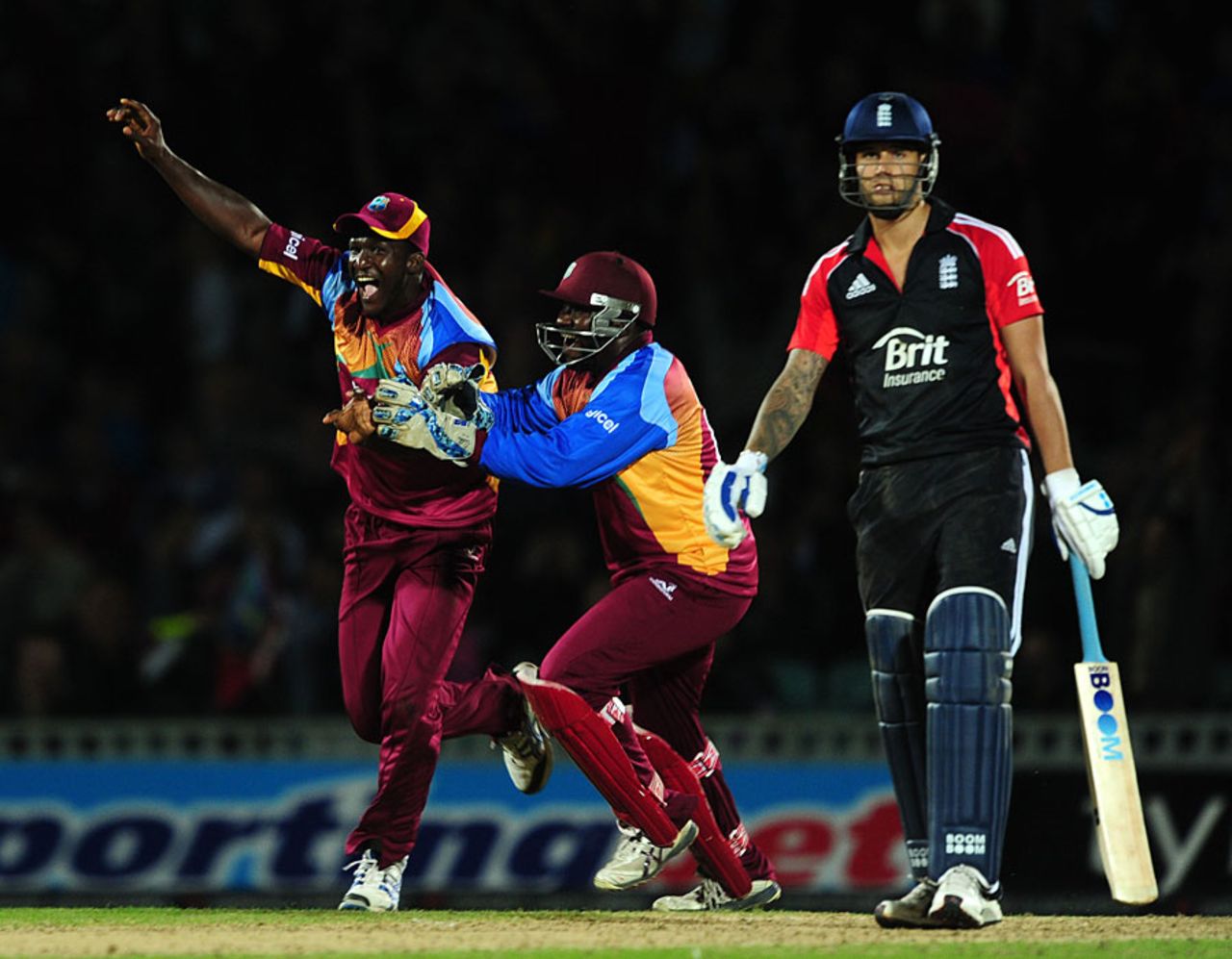 Darren Sammy celebrates after Jade Dernbach's dismissal flashed on the big screen, England v West Indies, 2nd Twenty20, The Oval, September 25, 2011
