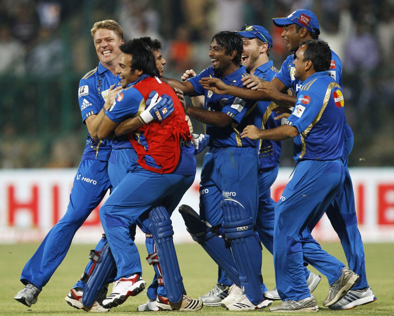 Mumbai Indians celebrate their one-wicket win over Trinidad & Tobago, Mumbai Indians v Trinidad & Tobago, Champions League T20, Bangalore, September 26, 2011