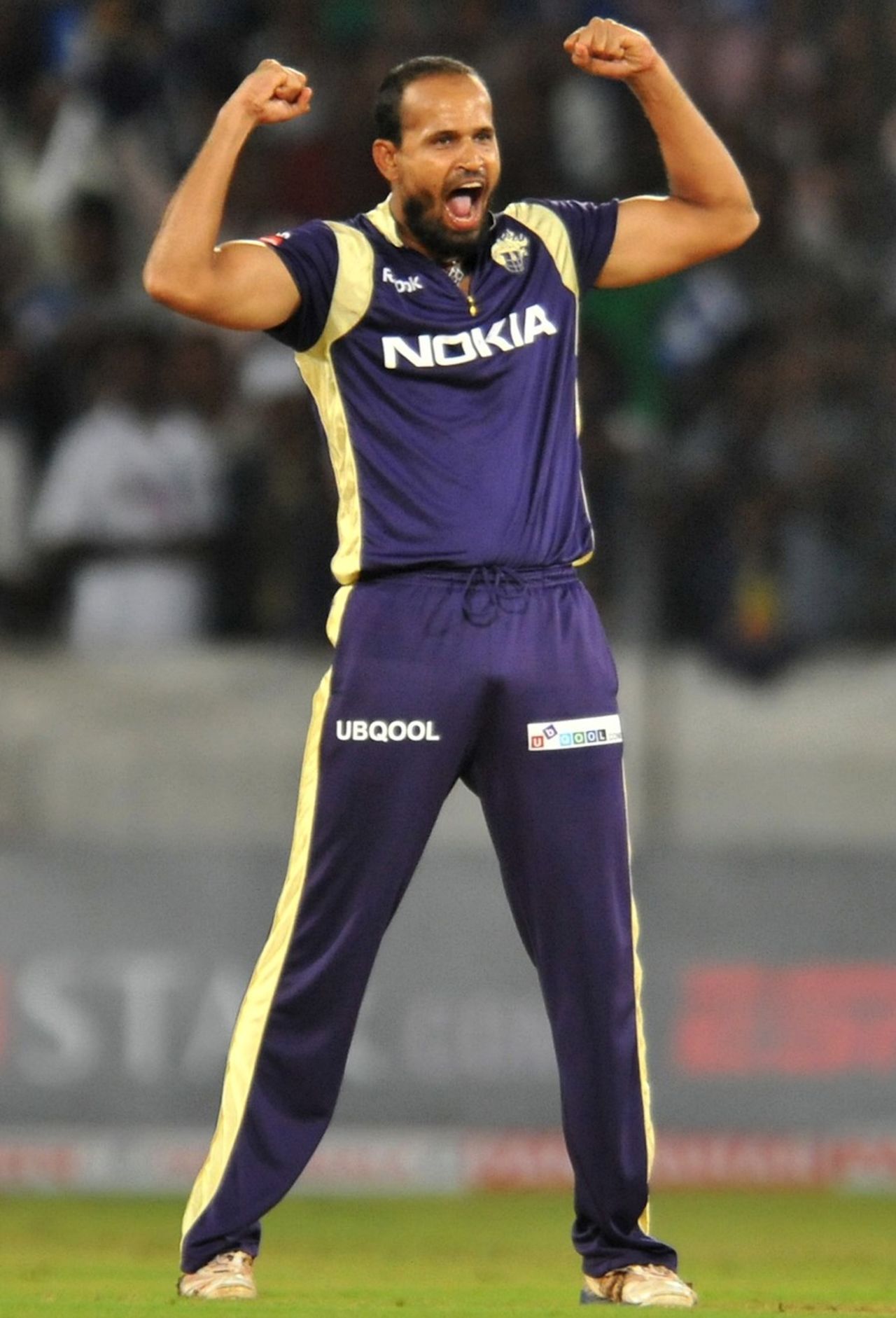 Yusuf Pathan celebrates Cameron Borgas' wicket, Kolkata Knight Riders v South Australia, Champions League Twenty20, September 27, 2011