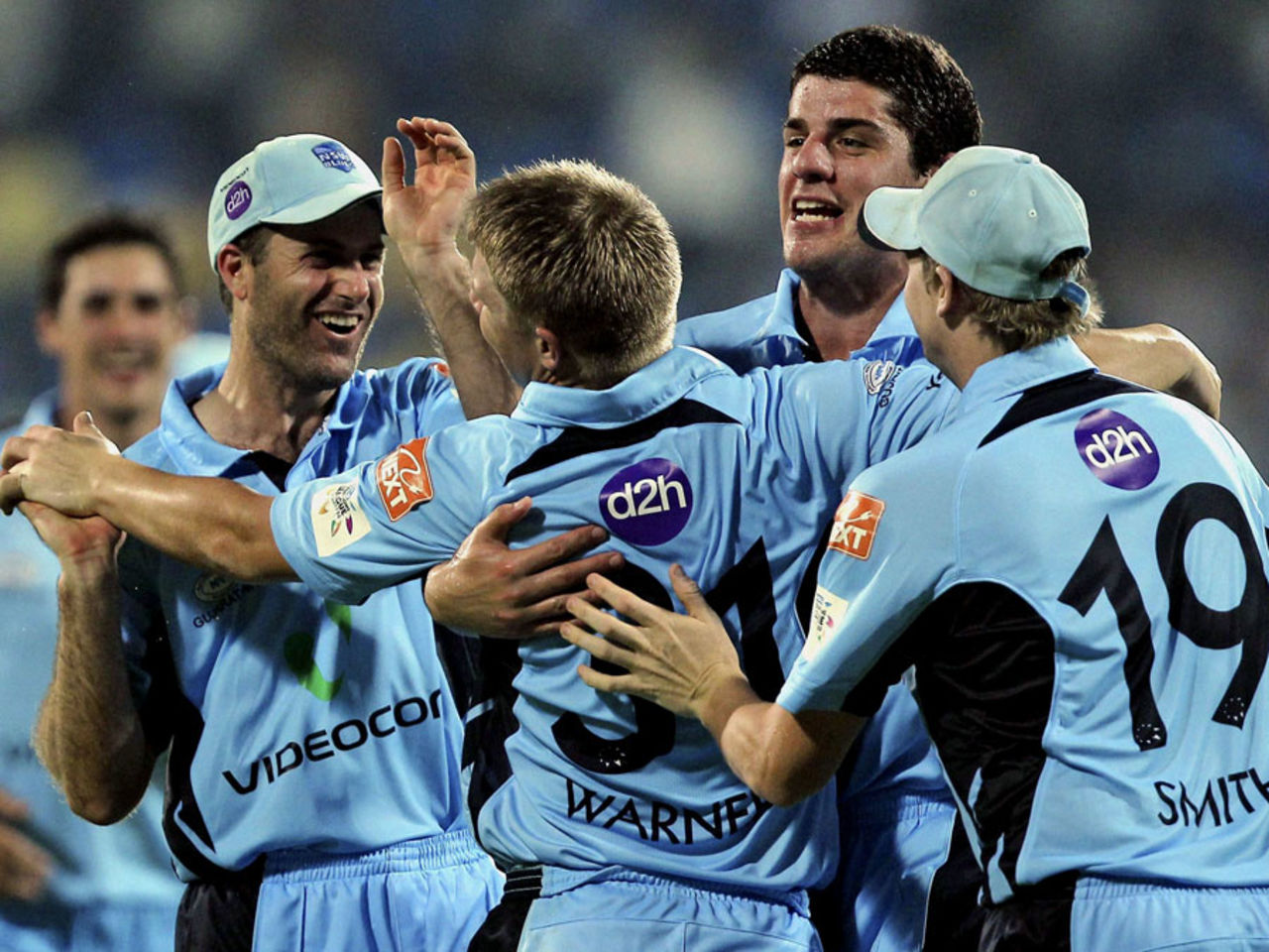The New South Wales team celebrates their heart-stopping Super Over victory, New South Wales v Trinidad & Tobago, Champions League Twenty20, Chennai, September 28, 2011
