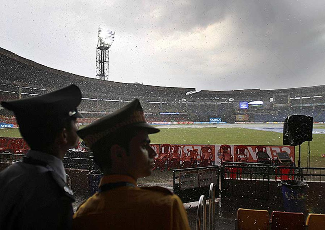 Rain wreaked havoc at the Chinnaswamy Stadium, washing out the first game, Somerset v South Australia, CLT20, October 1, 2011