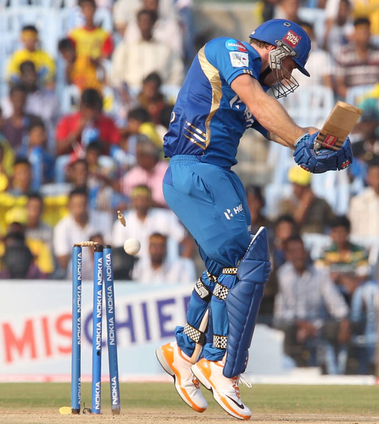 Aiden Blizzard is bowled by Stuart Clark, Mumbai Indians v New South Wales, CLT20, Chennai, October 2, 2011
