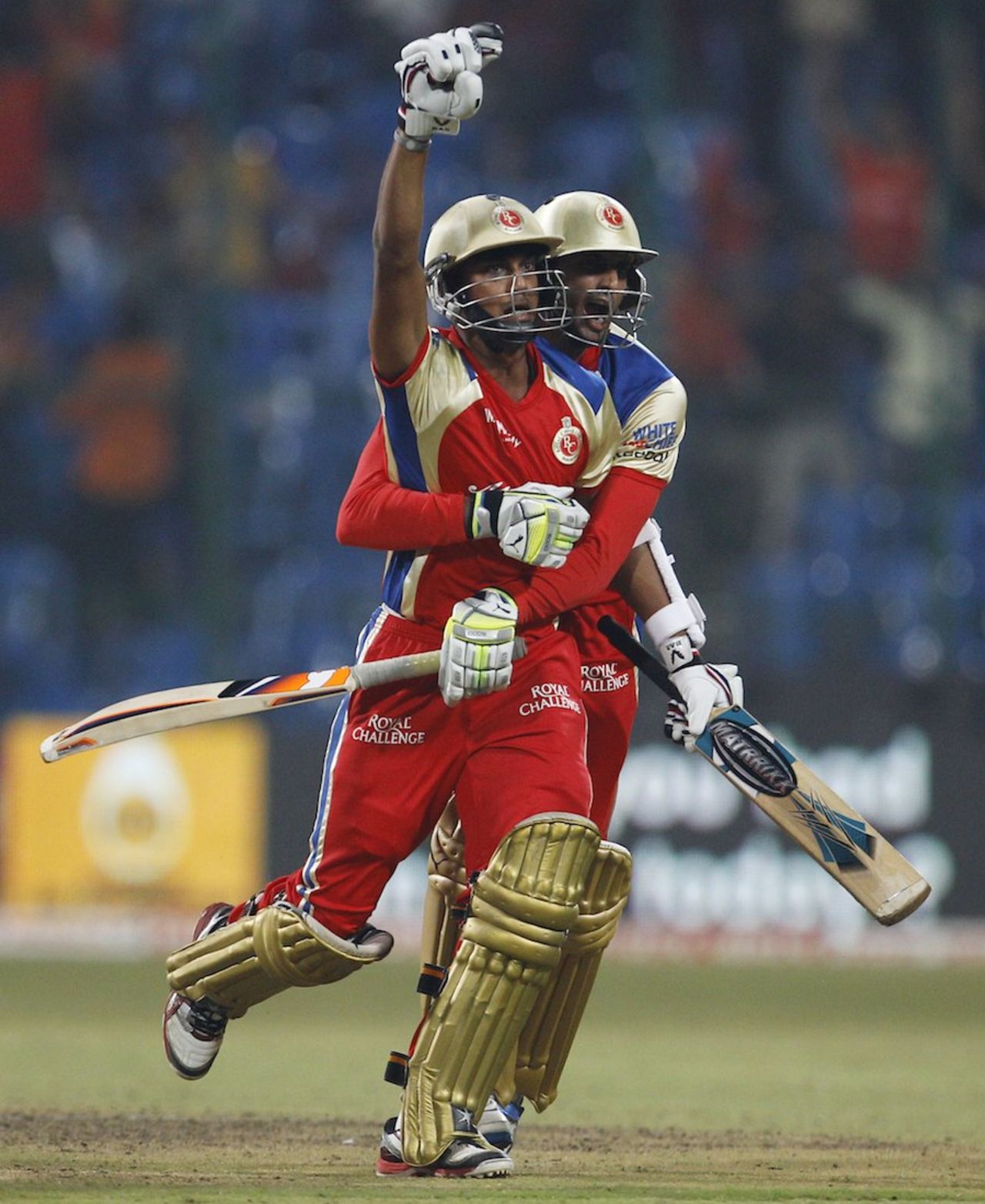 Arun Karthik and S Aravind soak in the victory, Royal Challengers Bangalore v South Australia, Champions League T20, October 5, 2011
