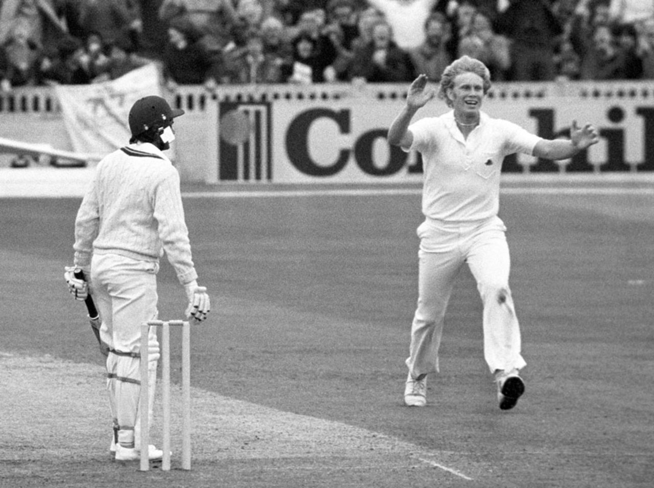 A delighted Graham Dilley when he made it two out of two by claiming the wickets of West Indians Gordon Greenidge and Faoud Bacchus off successive balls, England v West Indies, 3rd Test, Old Trafford, July 10, 1980