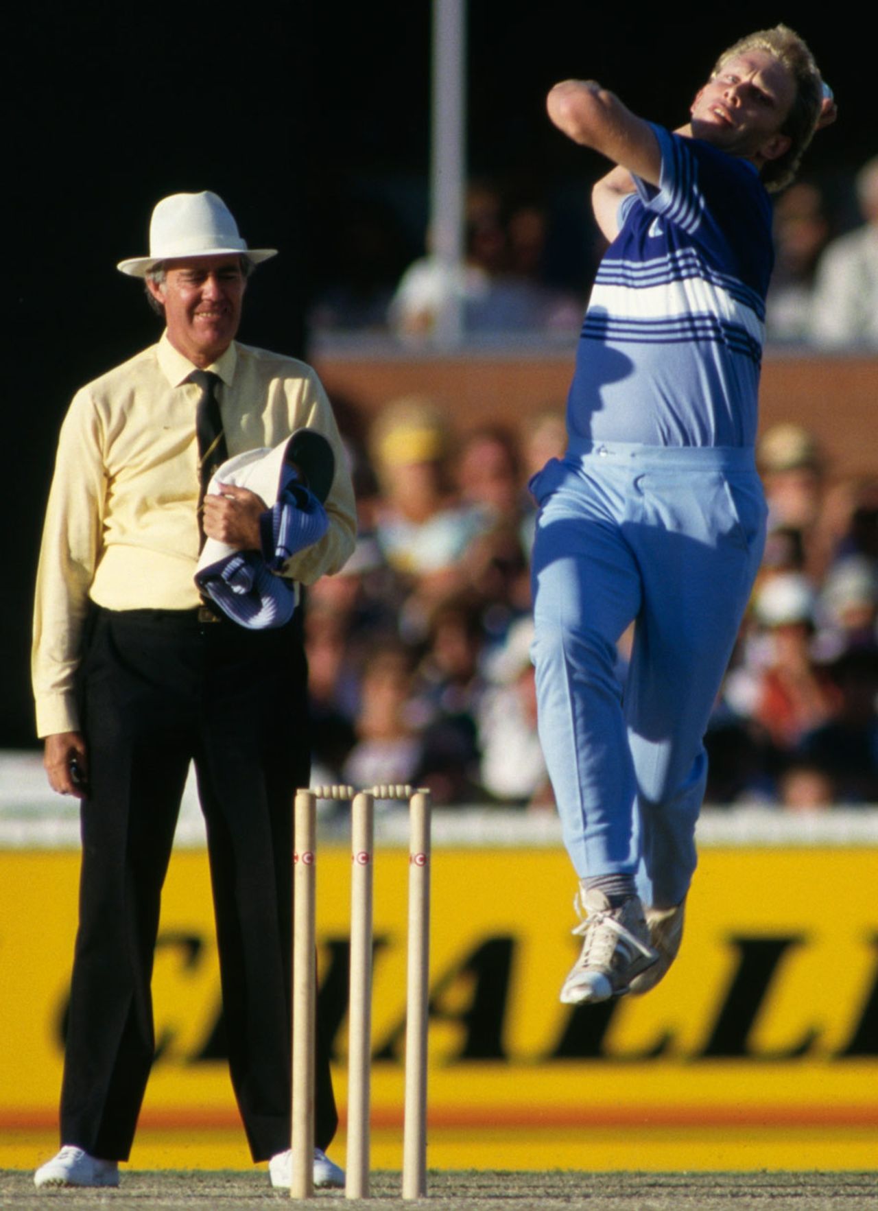 Graham Dilley in delivery stride against Australia, January 1, 1987