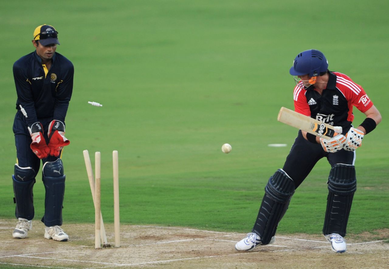 Graeme Swann was bowled for 18 by Mohammed Khader, Hyderabad Cricket Association XI v England XI, Tour Match, Hyderabad, October 8 2011