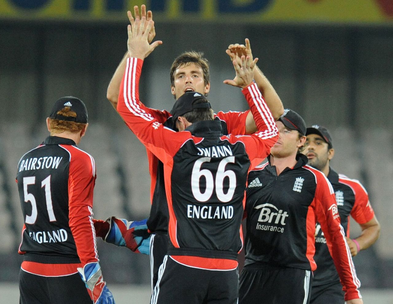 Steven Finn celebrates an early breakthrough in England's tour match, Hyderabad Cricket Association XI v England XI, Tour Match, Hyderabad, October 8 2011
