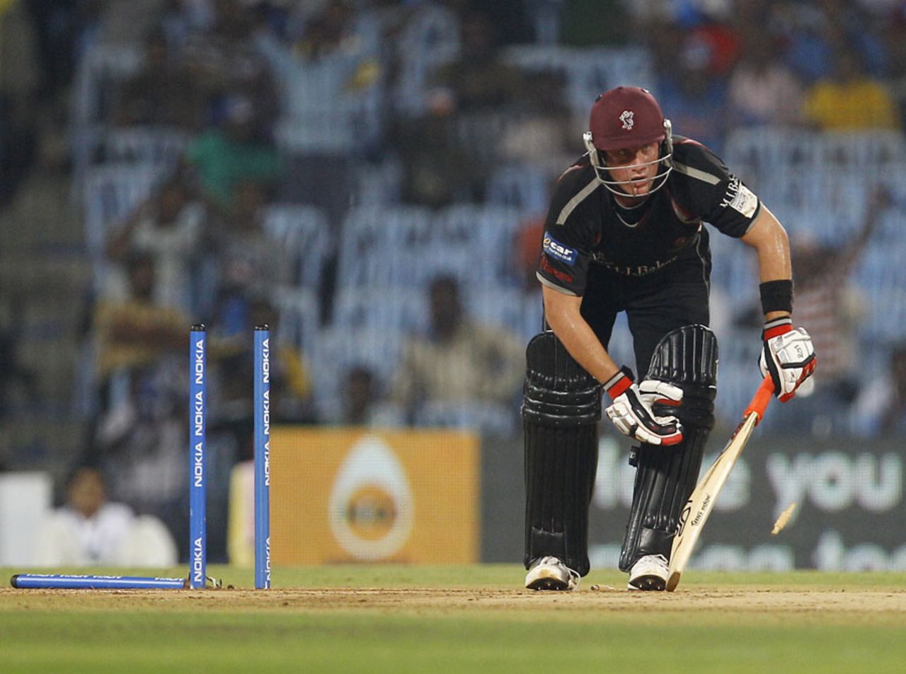 Roelof van der Merwe is cleaned up for 10, Somerset v Mumbai Indians, 2nd semi-final, CLT20, Chennai, October 8, 2011