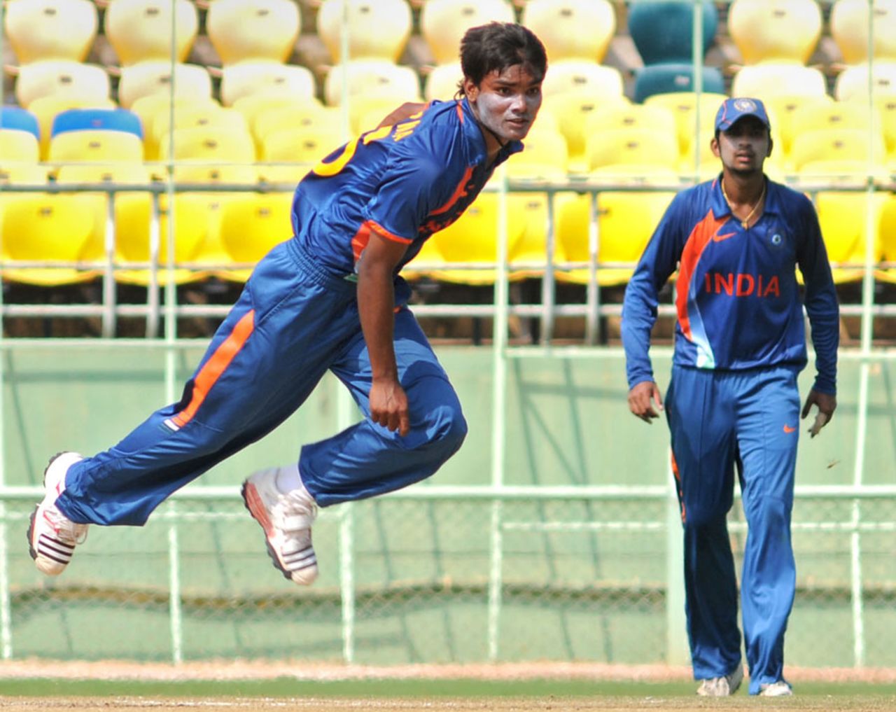 Sandeep Sharma in his followthrough, India U-19 v Sri Lanka U-19, final, Quadrangular series, Visakhapatnam, October 9, 2011