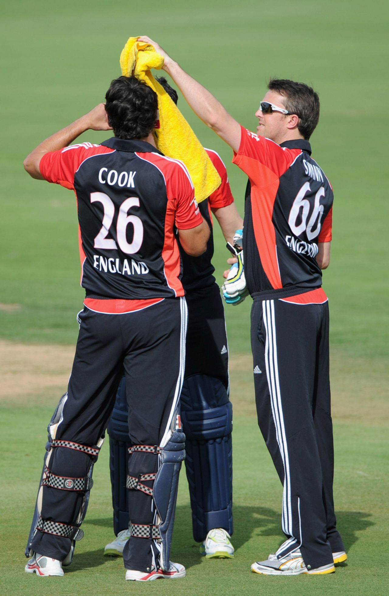 Alastair Cook and Craig Kieswetter take a breather during their opening stand, Hyderabad XI v England XI, Tour Match, Hyderabad, October 11 2011