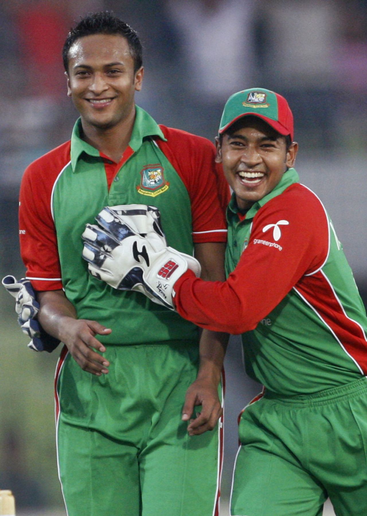 Shakib Al Hasan and Mushfiqur Rahim celebrate Andre Russell's dismissal, Bangladesh v West Indies, only Twenty20, Mirpur, October 11, 2011