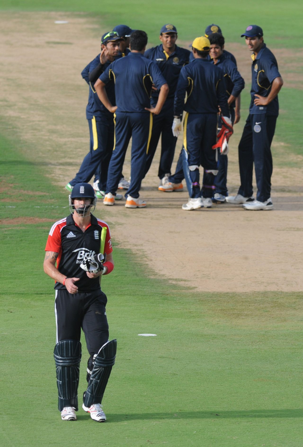 Kevin Pietersen walks off after being dismissed for 10 in England's tour match, Hyderabad XI v England XI, Tour Match, Hyderabad, October 11 2011