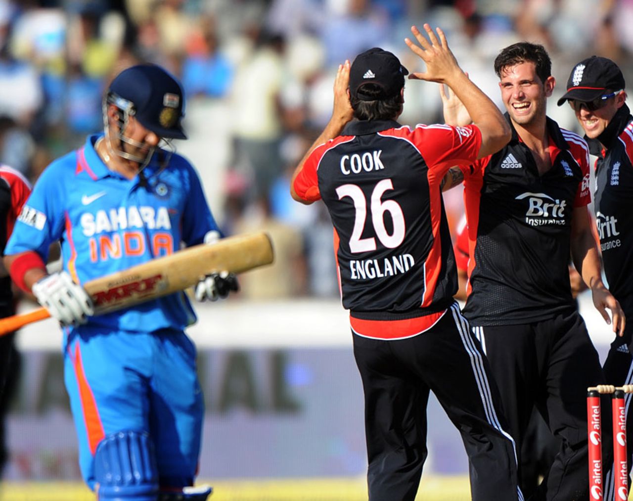 Jade Dernbach is congratulated after removing Gautam Gambhir, India v England, 1st ODI, Hyderabad, October 14, 2011