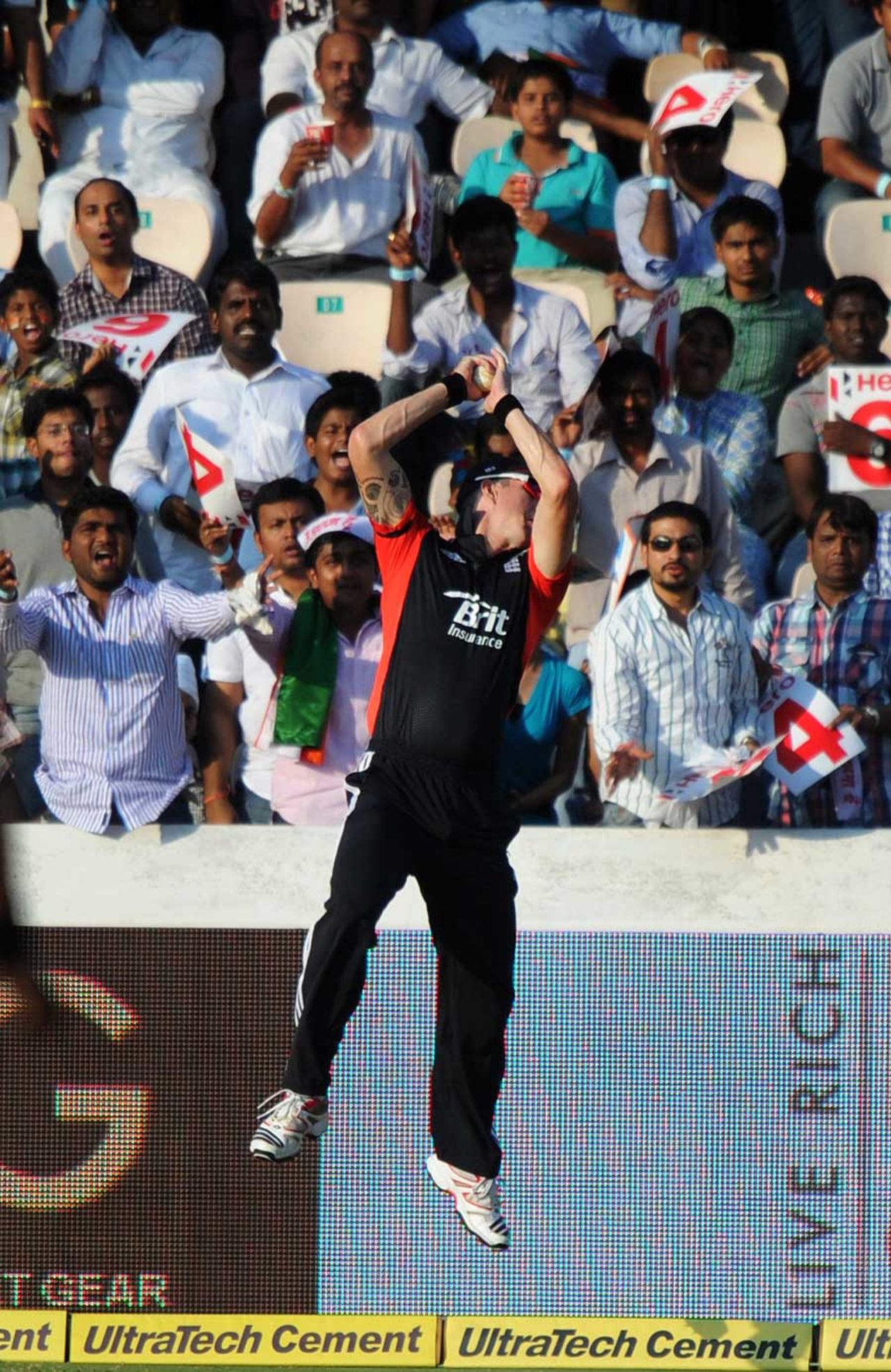 Kevin Pietersen leaps to take a well-judged catch on the boundary, India v England, 1st ODI, Hyderabad, October 14, 2011