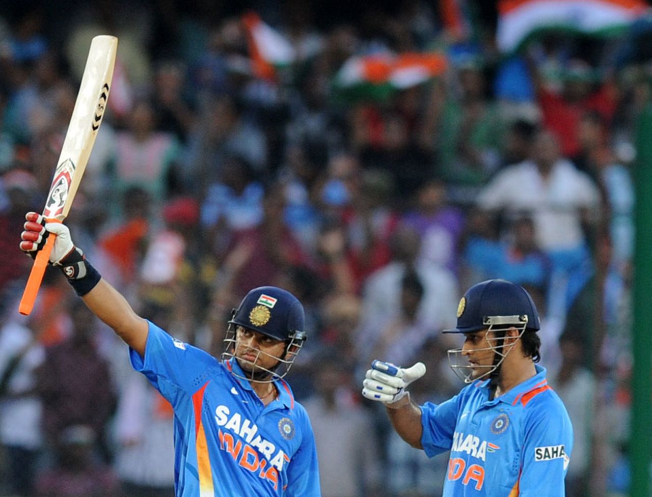 Suresh Raina salutes his half century, India v England, 1st ODI, Hyderabad, October 14, 2011