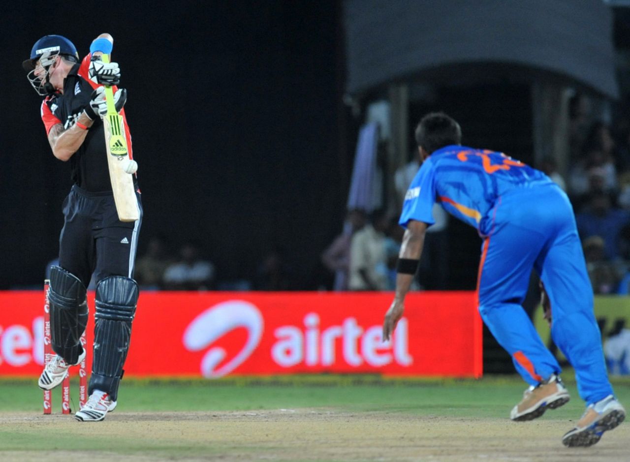 Kevin Pietersen was troubled by some variable bounce during his innings, India v England, 1st ODI, Hyderabad, October 14, 2011