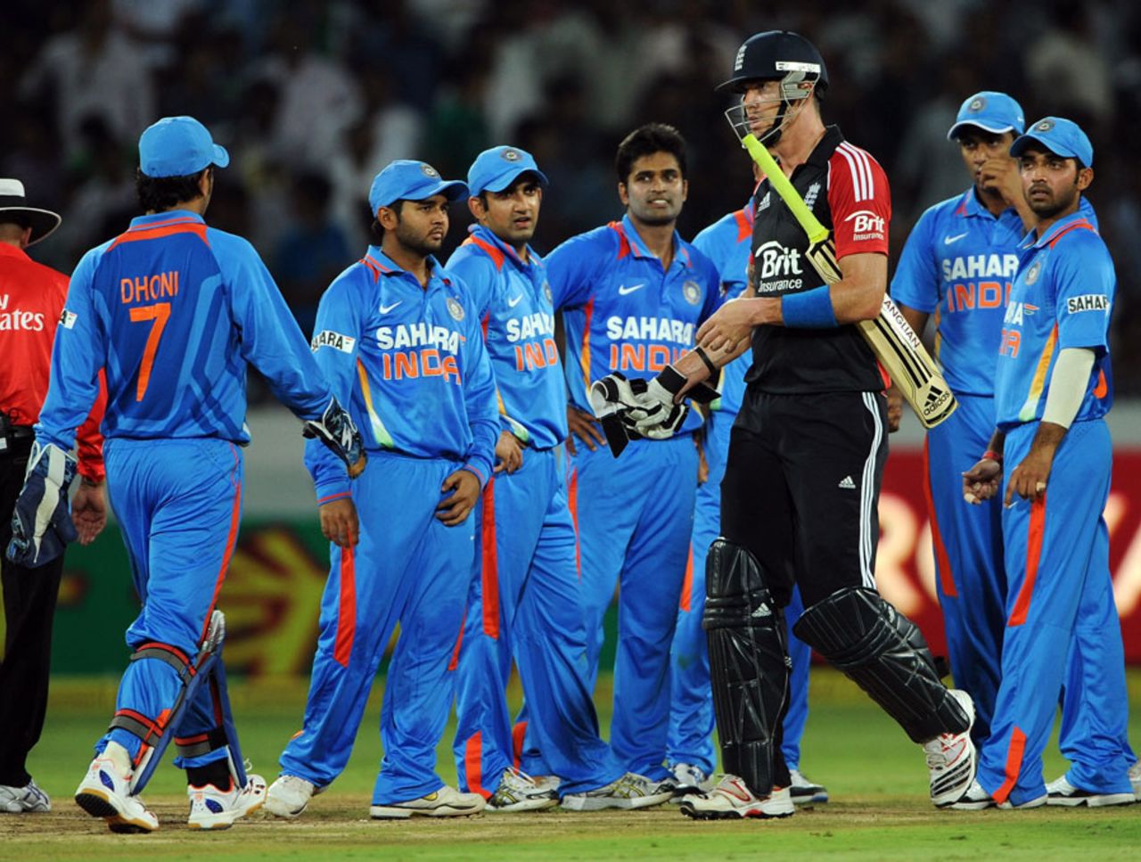 Kevin Pietersen trudges off after being run out by R Ashwin, India v England, 1st ODI, Hyderabad, October 14, 2011