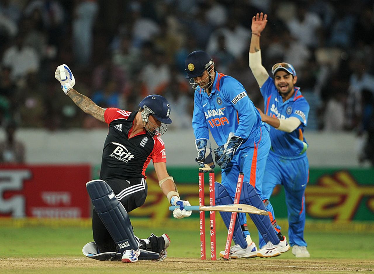 Jade Dernbach was the last man out to signal India's victory, India v England, 1st ODI, Hyderabad, October 14, 2011