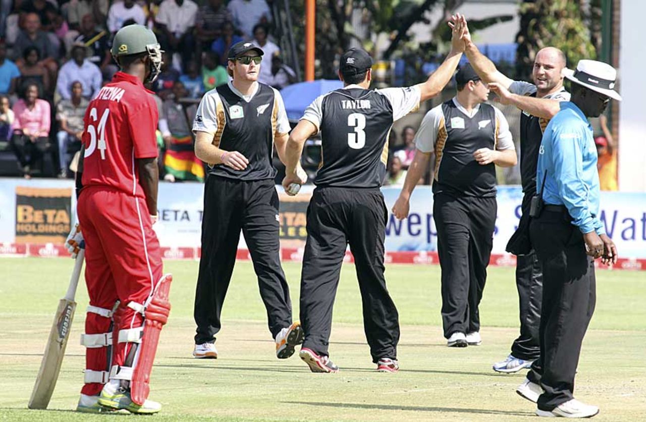 Luke Woodcock celebrates the wicket of Forster Mutizwa, Zimbabwe v New Zealand, 1st Twenty20 international, Harare